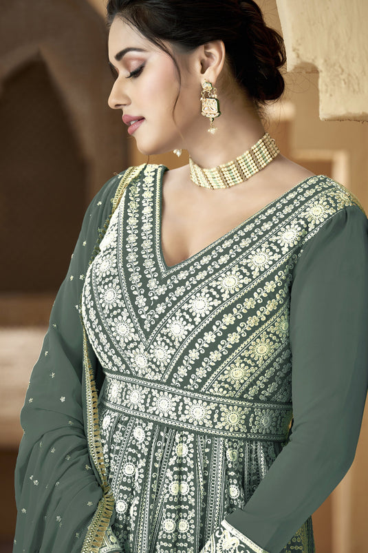 Georgette Fabric Embroidered Function Wear Anarkali Salwar Suit In Grey Color