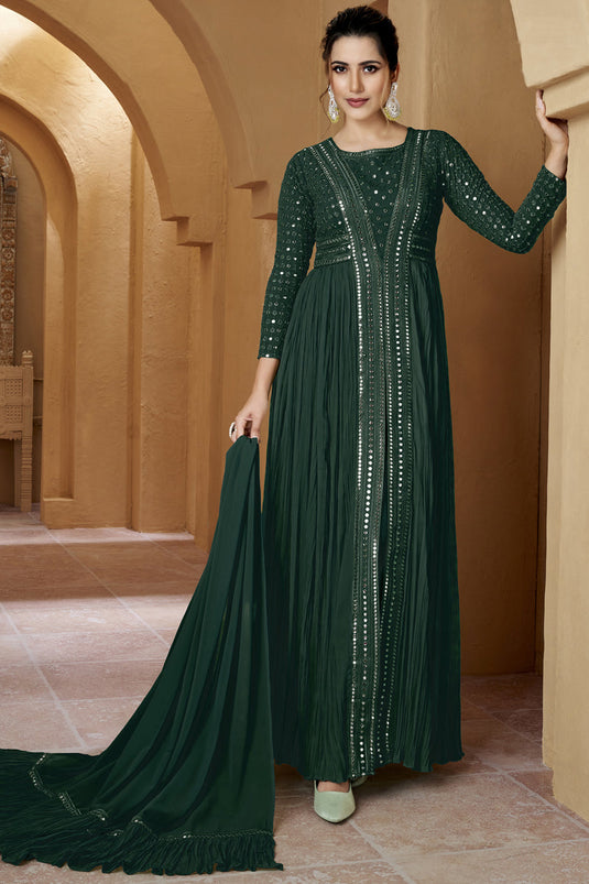 Green Color Party Wear Embroidered Readymade Anarkali Salwar Suit In Georgette Fabric