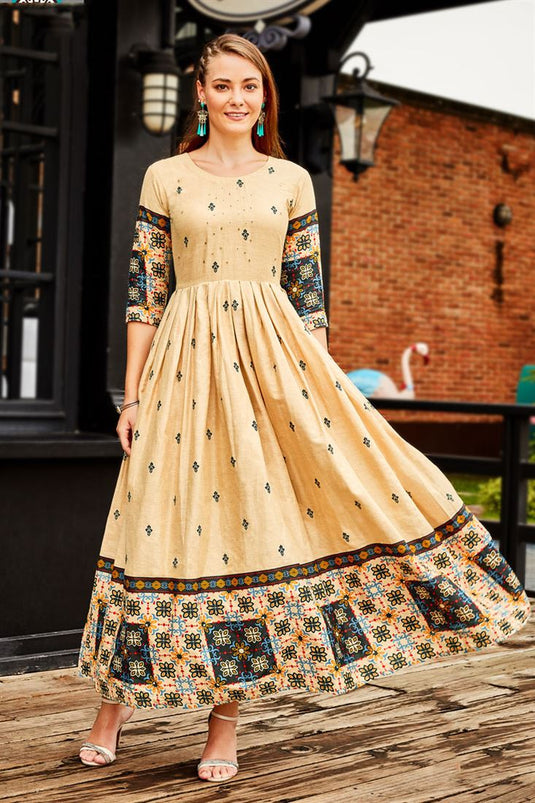 Printed Kurti In Cream Color... | Printed cotton dress, Printed kurti, Kurti  designs