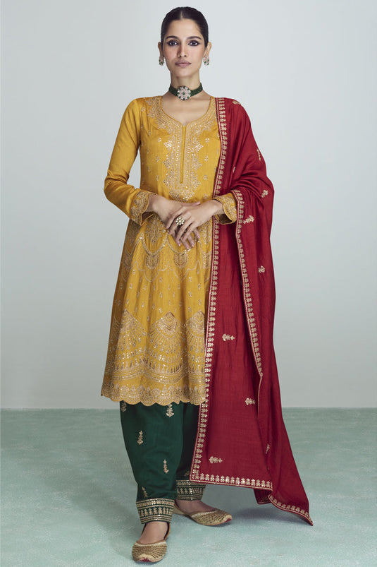 Mustard Color Silk Fabric Fancy Embroidered Function Wear Readymade Designer Salwar Suit