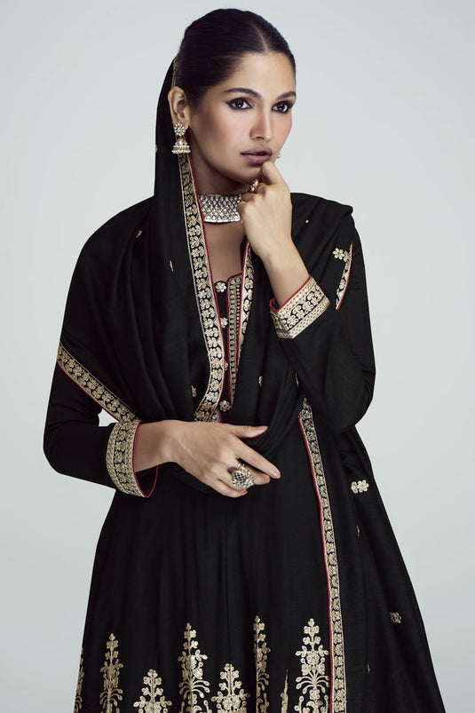 Sangeet Wear Embroidered Readymade Designer Salwar Kameez In Silk Fabric Black Color