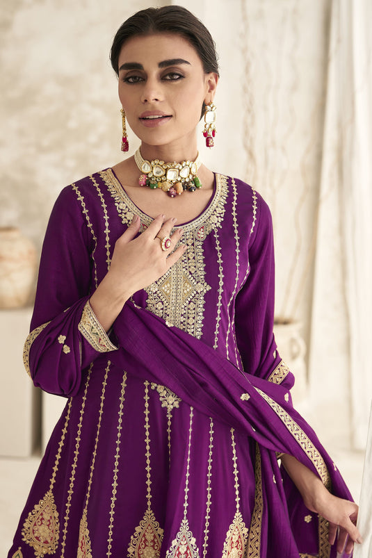 Diwali Special Purple Color Embroidered Art Silk Fabric Readymade Designer Salwar Kameez