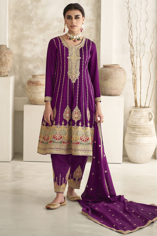 Diwali Special Purple Color Embroidered Art Silk Fabric Readymade Designer Salwar Kameez