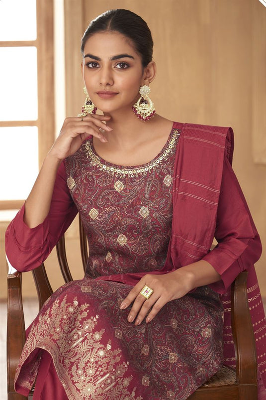 Maroon Color Glamorous Digital Printed Art Silk Salwar Suit