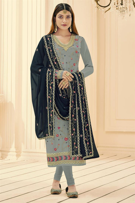 Grey Color Tempting Georgette Salwar Suit With Contrast Dupatta