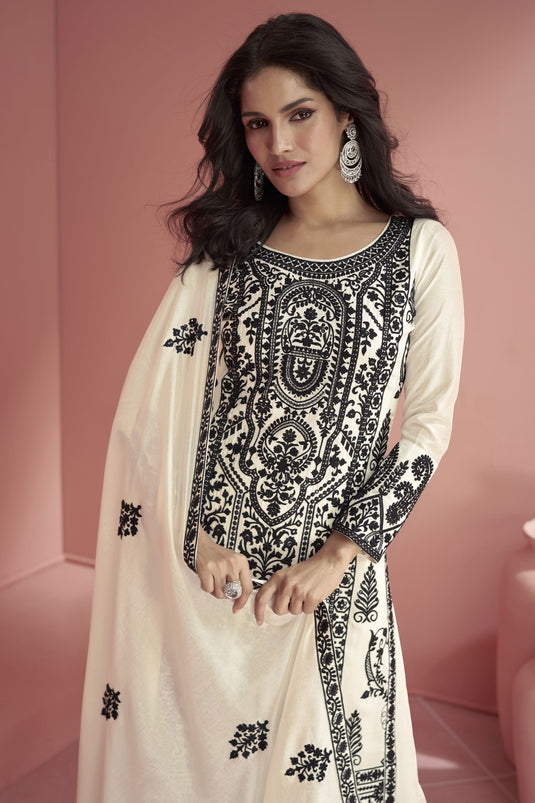 Vartika Singh Stunning Off White Color Art Silk Fabric Readymade Palazzo Suit