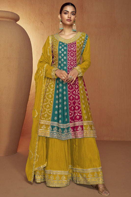 Exclusive Chinon Fabric Embroidered Mustard Color Readymade Palazzo Suit