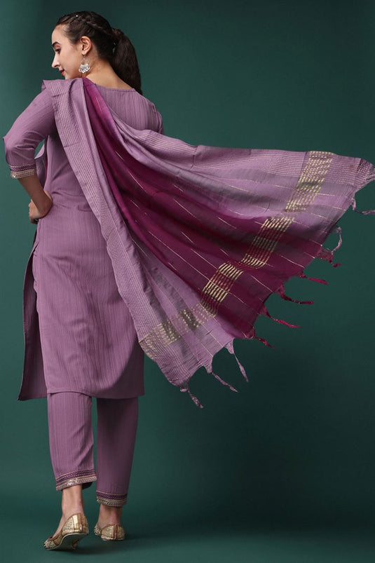 Stylish Lavender Color Embroidered Art Silk Casual Ready to Wear Salwar Suit