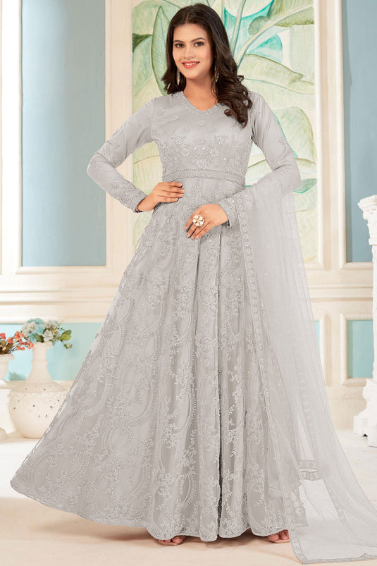 Grey Color Embroidered Anarkali Suit In Net Fabric