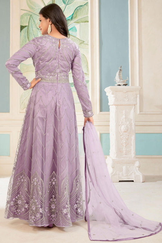 Lavender Color Sangeet Wear Embroidered Long Anarkali Salwar Suit In Net Fabric
