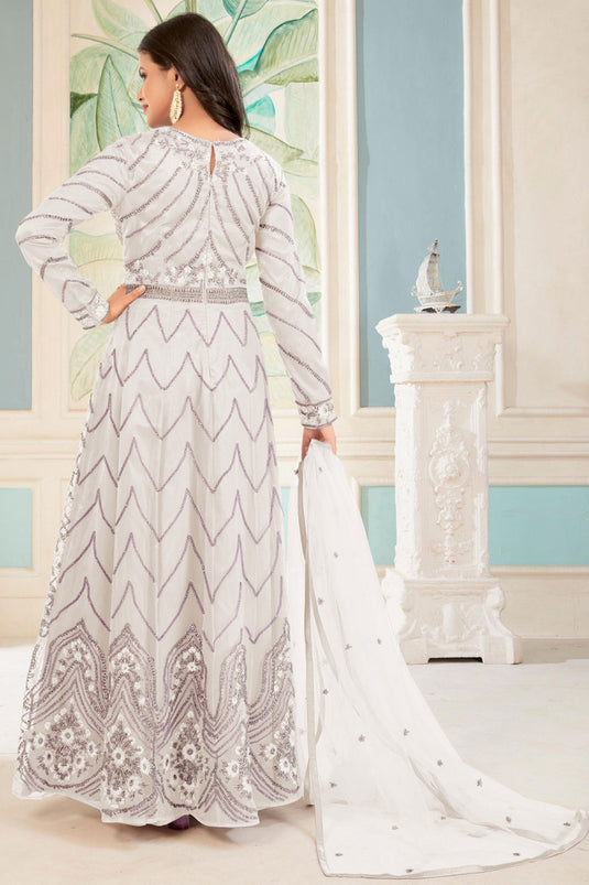 Net Fabric Embroidered Sangeet Wear Long Anarkali Salwar Kameez In White Color