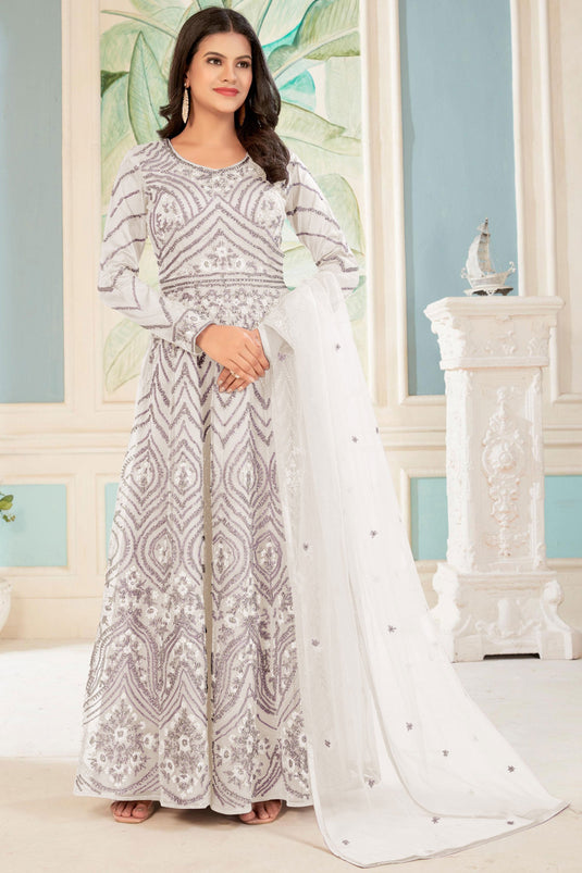 Net Fabric Embroidered Sangeet Wear Long Anarkali Salwar Kameez In White Color