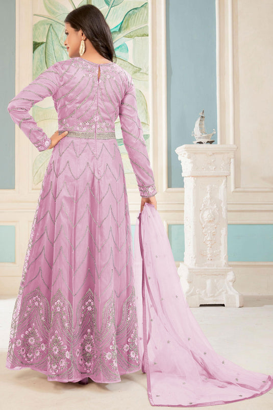 Embroidered Pink Color Long Anarkali Salwar Kameez In Net Fabric