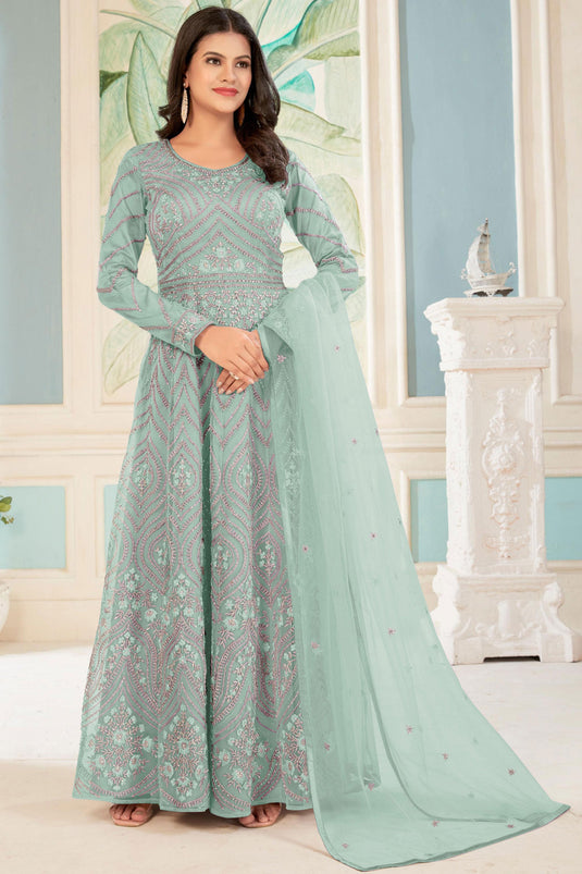 Light Cyan Color Embroidered Long Anarkali Suit In Net Fabric