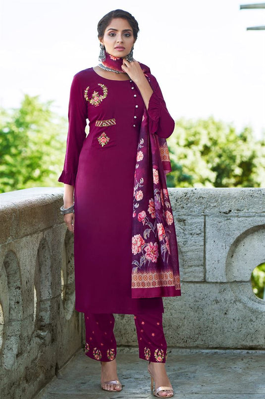 Wine Color Rayon Fabric Beguiling Readymade Embroidered Kurti Pant With Dupatta In Casual Wear