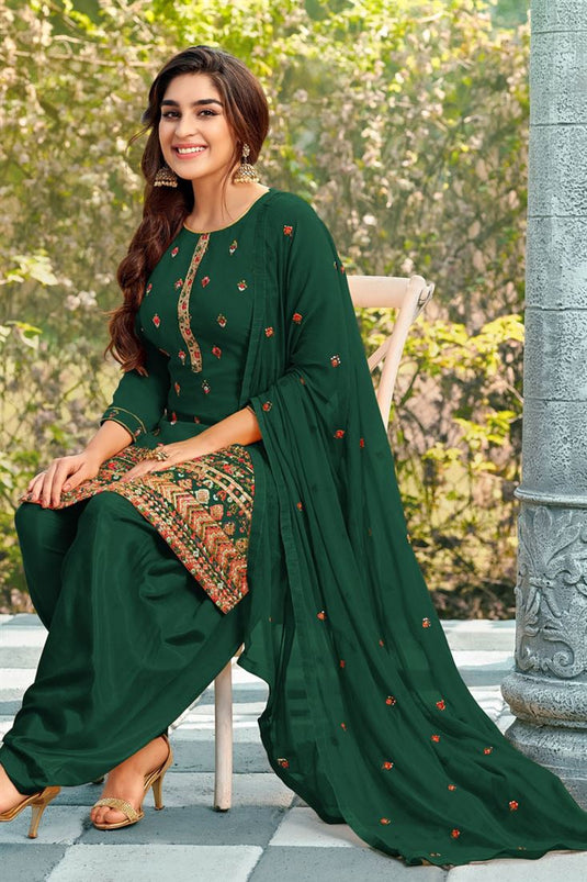 Radiant Dark Green Color Georgette Fabric Embroidered Patiala Suit