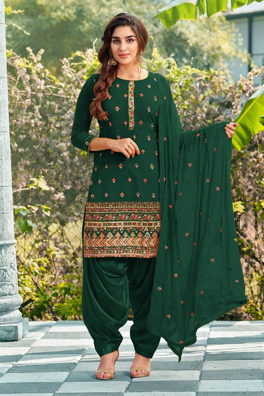 Radiant Dark Green Color Georgette Fabric Embroidered Patiala Suit