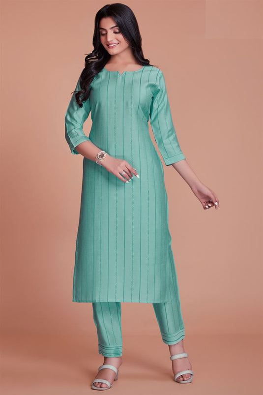 Charming Sea Green Color Viscose Fabric Kurti With Pant