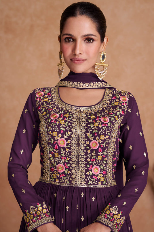 Purple Color Georgette Fabric Embroidered Function Wear Readymade Designer Long Anarkali Salwar Suit