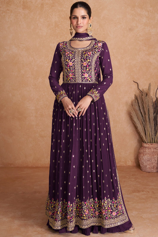 Purple Color Georgette Fabric Embroidered Function Wear Readymade Designer Long Anarkali Salwar Suit