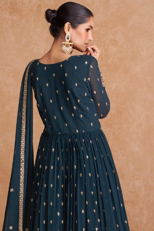 Georgette Fabric Navy Blue Color Festive Wear Embroidered Readymade Designer Long Anarkali Salwar Kameez