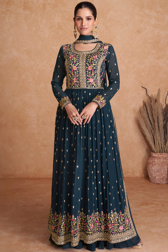 Georgette Fabric Navy Blue Color Festive Wear Embroidered Readymade Designer Long Anarkali Salwar Kameez