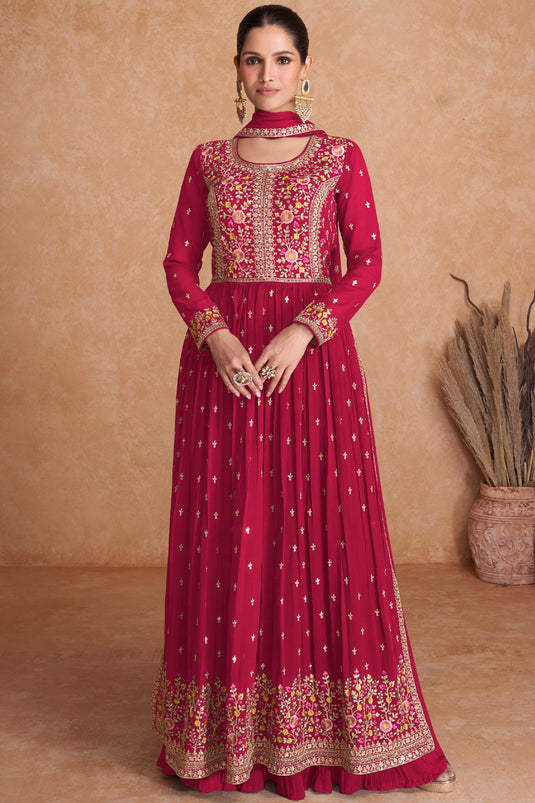 Rani Color Party Wear Embroidered Readymade Designer Long Anarkali Salwar Suit In Georgette Fabric