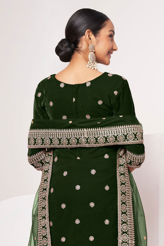 Embroidered Dark Green Color Salwar Kameez In Velvet Fabric