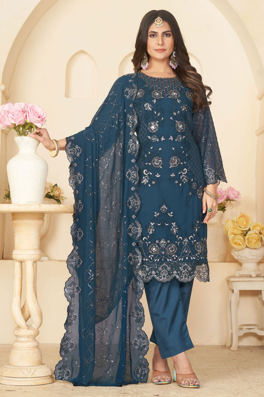 Teal Color Georgette Fabric Tempting Festive Look Salwar Suit