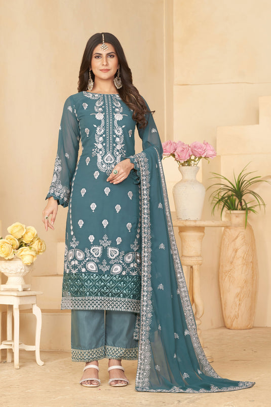Excellent Georgette Fabric Teal Color Festive Look Salwar Suit