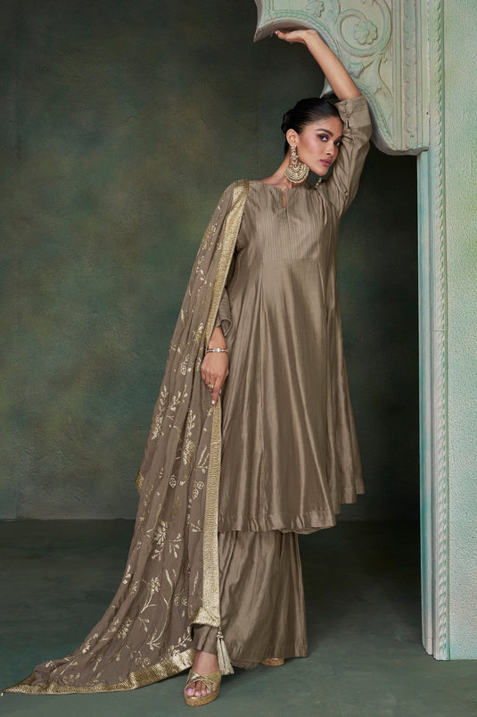 Silk Fabric Brown Color Embroidered Readymade Palazzo Salwar Kameez
