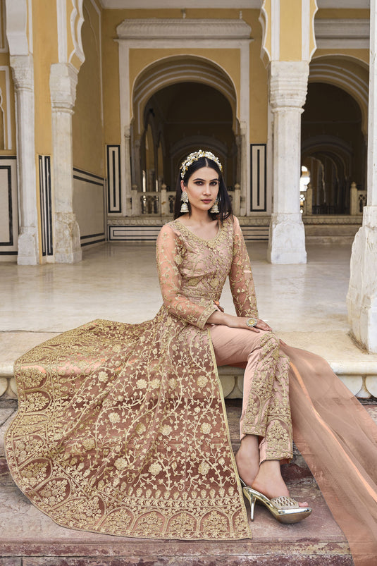 Net Fabric Peach Color Party Style Elegant Anarkali Salwar Suit