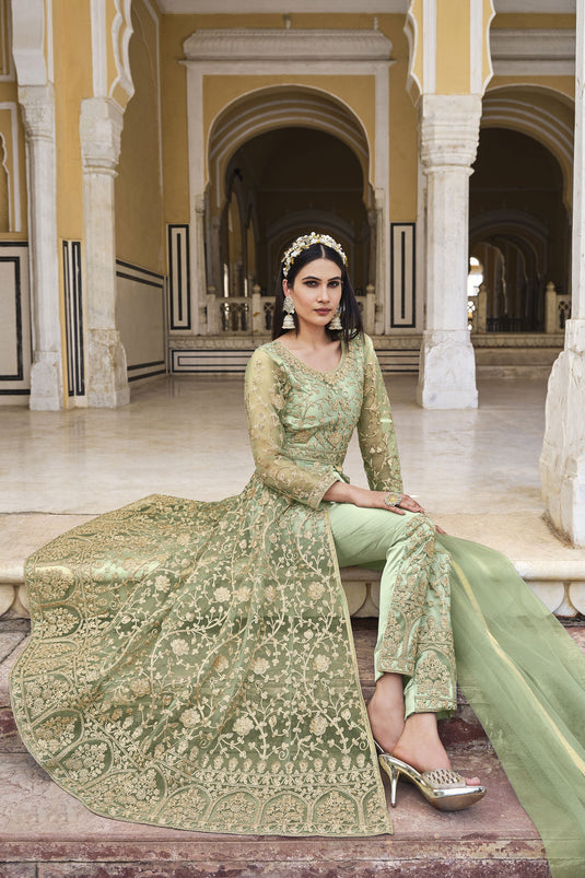 Sea Green Color Net Fabric Party Style Classic Anarkali Suit