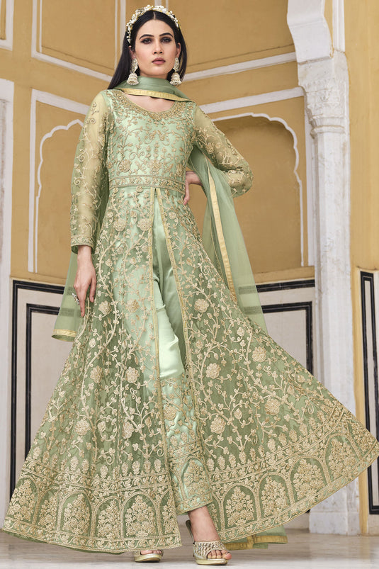 Sea Green Color Net Fabric Party Style Classic Anarkali Suit