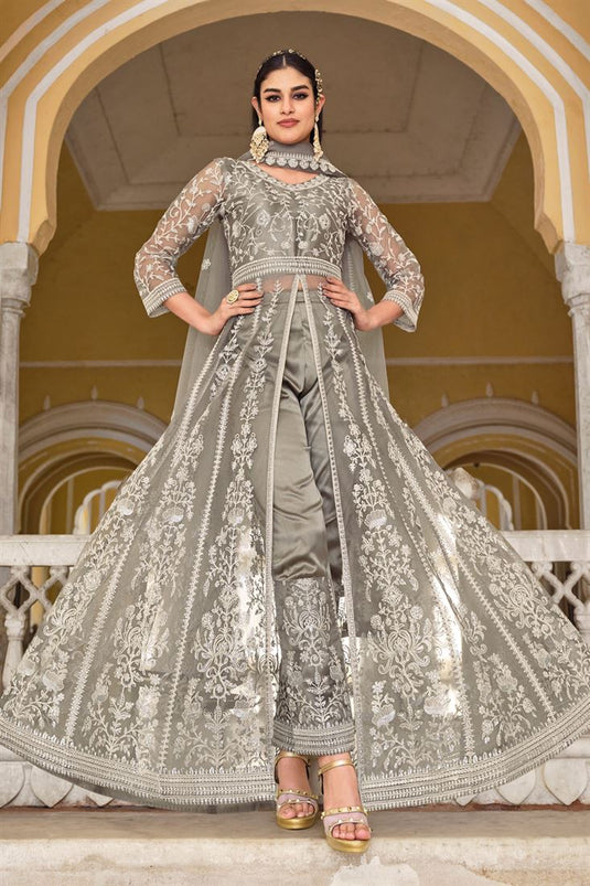 Net Fabric Lovely Anarkali Suit For Function In Grey Color