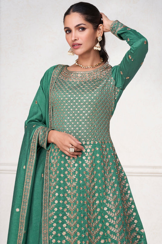 Vartika Singh Heavy Art Silk Fabric Embroidered Green Color Readymade Salwar Suit