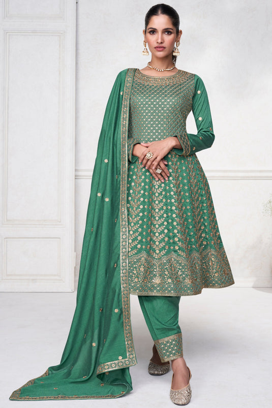 Vartika Singh Heavy Art Silk Fabric Embroidered Green Color Readymade Salwar Suit