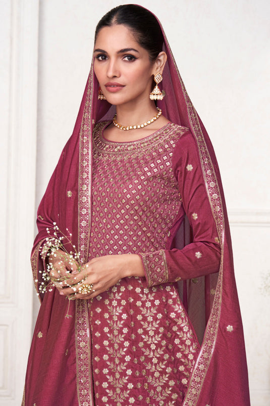Vartika Singh Trendy Art Silk Fabric Maroon Color Readymade Salwar Suit With Embroidered Work
