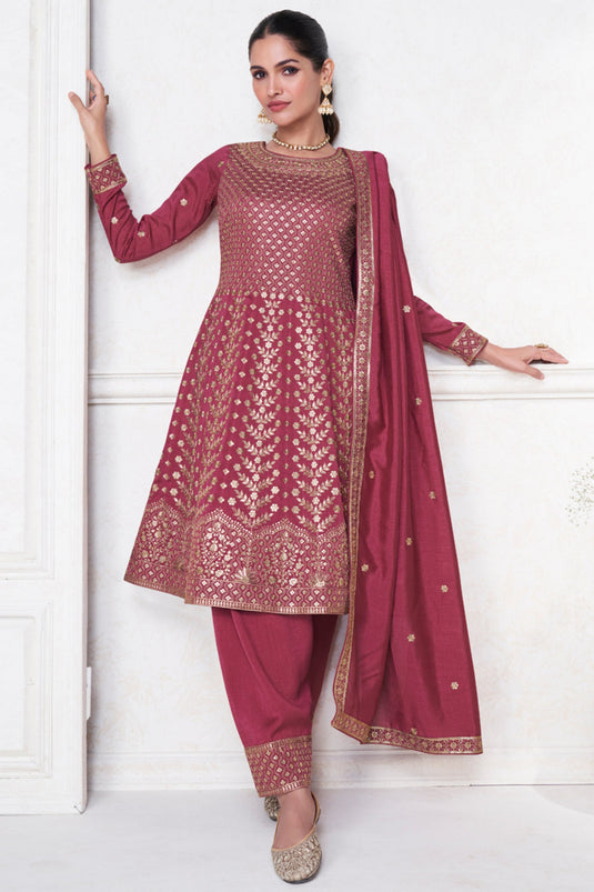 Vartika Singh Trendy Art Silk Fabric Maroon Color Readymade Salwar Suit With Embroidered Work