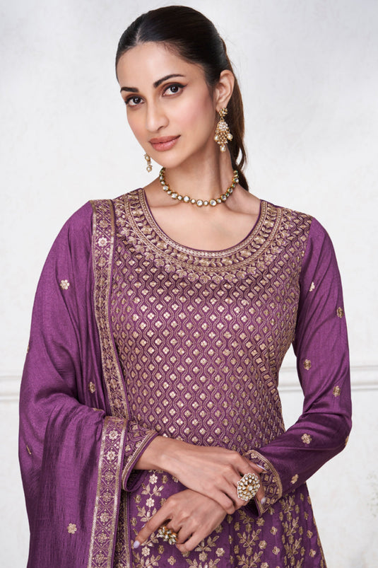 Diksha Singh Exclusive Embroidered Purple Color Readymade Salwar Suit In Art Silk Fabric