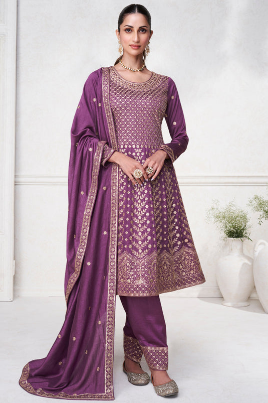 Diksha Singh Exclusive Embroidered Purple Color Readymade Salwar Suit In Art Silk Fabric