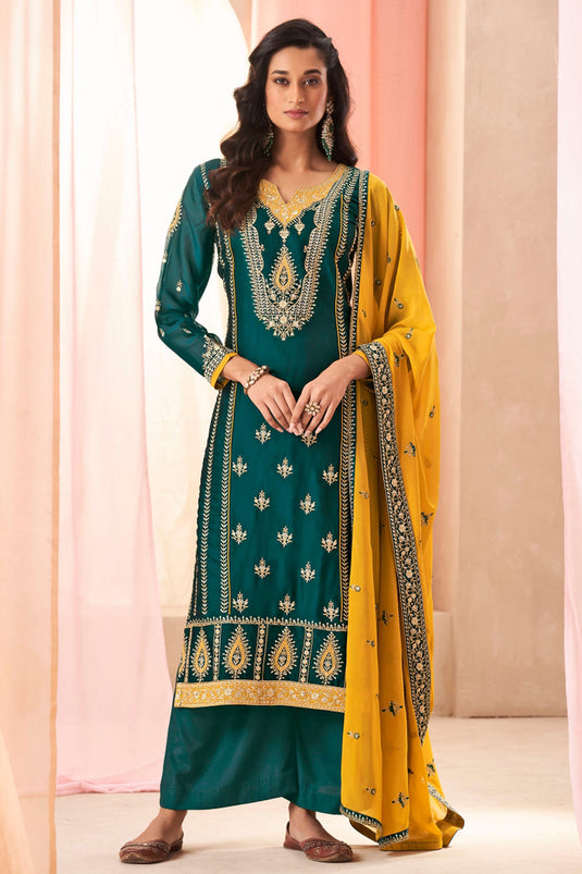 Teal Color Embroidered Readymade Palazzo Salwar Suit In Art Silk Fabric