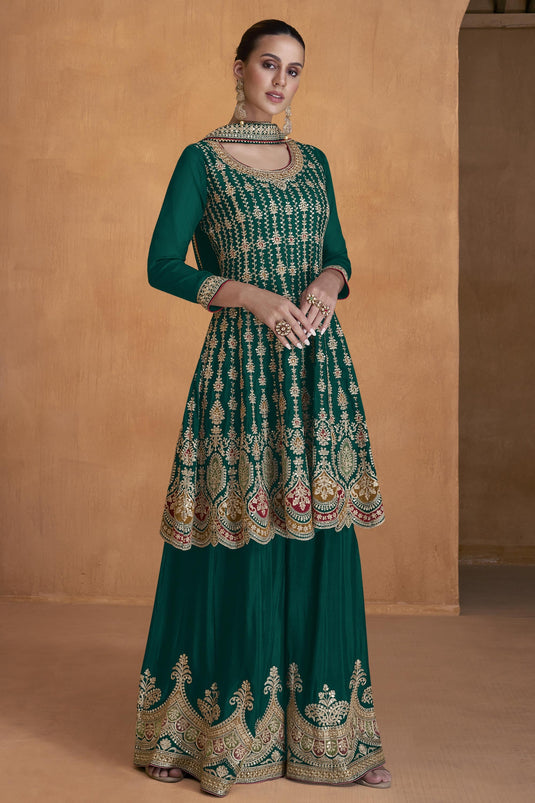 Chinon Fabric Dark Green Color Embroidered Readymade Palazzo Suit