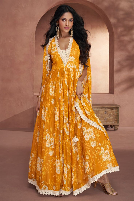 Georgette Fabric Mustard Color Festive Wear Printed Readymade Anarkali Salwar Kameez