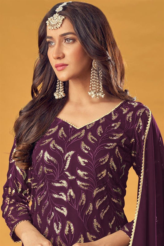Appealing Embroidered Work Wine Color Georgette Fabric Designer Sangeet Wear Palazzo Suit