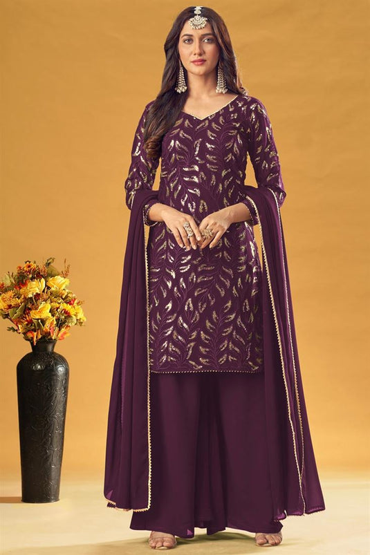 Appealing Embroidered Work Wine Color Georgette Fabric Designer Sangeet Wear Palazzo Suit