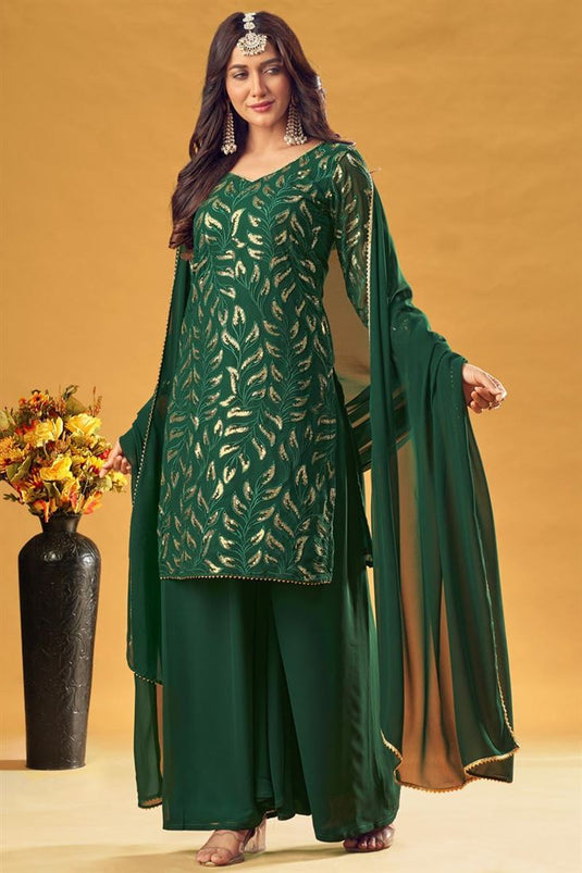 Georgette Fabric Dark Green Color Spectacular Embroidered Work Sangeet Wear Palazzo Suit