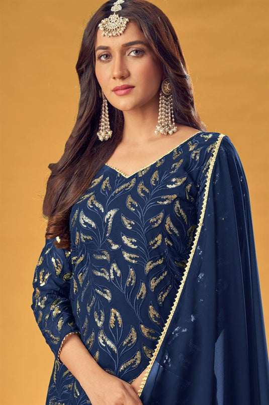 Navy Blue Color Ingenious Embroidered Work On Georgette Fabric Sangeet Wear Palazzo Suit