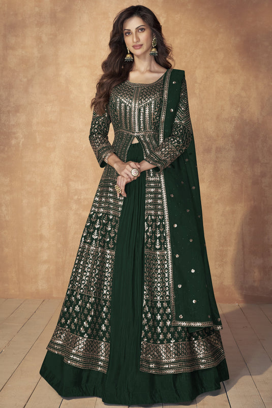 Diksha Singh Captivating Georgette Readymade Sharara Top Lehenga In Dark Green Color