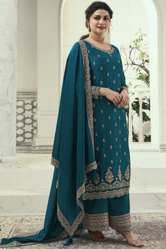 Prachi Desai Teal Color Georgette Silk Function Wear Awesome Palazzo Suit